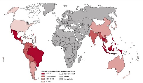 Average number of suspected or confirmed dengue cases reported to WHO, 2010–2016